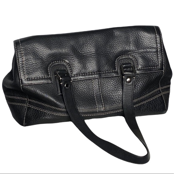 VNTAGE COACH HAMILTON SATCHEL BLACK PEBBLED LEATHER W/ FLAP & SILVER HARDWARE - Picture 3 of 5